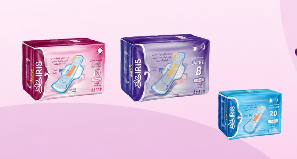 Three IRIS pad packs: medium, large and panty liners