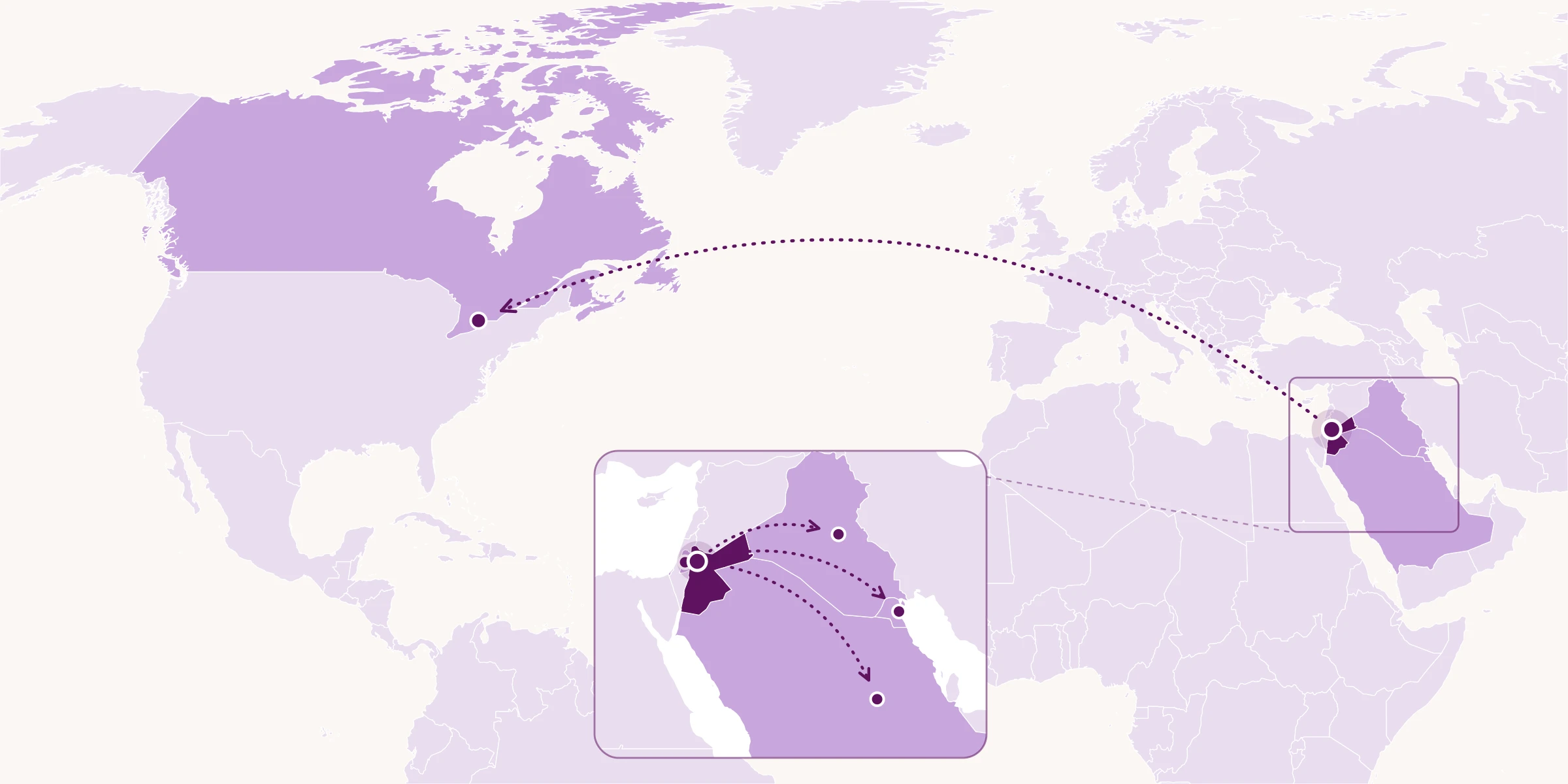 Map showing IRIS reaching its markets in the Middle East and North America from Amman